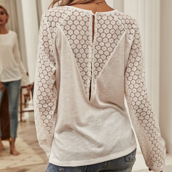 Tops - boho white floral lace button detail top